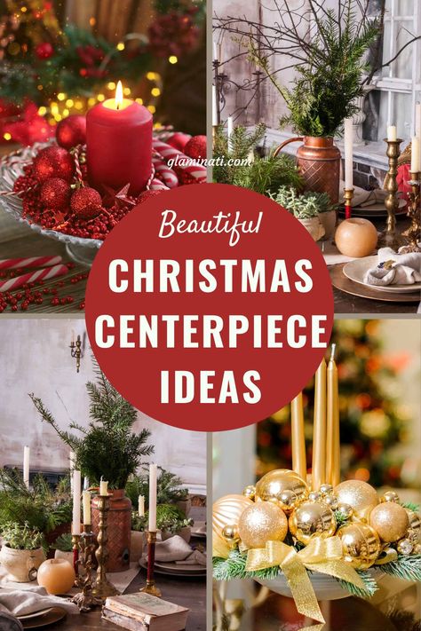 Winter is a wonderful season because it's time to prepare for Christmas! Start with amazing centerpiece ideas that we've prepared for your holiday table! Visit Glaminati.com for more inspirational ideas. #glaminati #centerpiece #christmascenterpiece #christmasdecor #christmasdecoration #christmastabledecor #winterholidaysdecor #holidaysdecor Christmas Table Centerpieces For Home Diningroom, Christmas Gold Table Decorations, Christmas Centrepiece Ideas Elegant, Christmas Table Center Peice, Christmas Dining Table Centrepiece Ideas, Dinning Room Christmas Centerpiece, Decorating Tables For Christmas, How To Make Christmas Table Centrepiece, Christmas Banquet Table Decorations Holiday Centerpieces