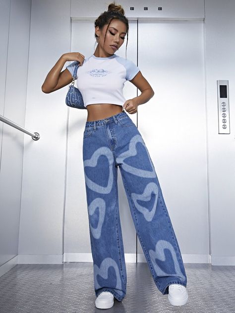 Free Returns ✓ Free Shipping On Orders $49+ ✓. High Waist Heart Print Wide Leg Jeans- Women Jeans at SHEIN. Girls Outfit Ideas Summer, Shein Outfits, Cute Outfits For School, Indie Outfits, Simple Trendy Outfits, Really Cute Outfits, Cute Simple Outfits, Teen Fashion Outfits, Outfits Casuales