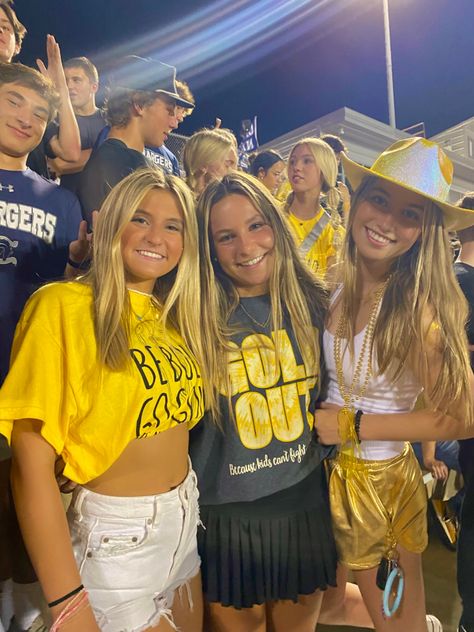 Gold Outfit Football Game, Football Game Western Theme, Gold Out Outfits Football, Highschool Game Day Outfit, Blue And Gold Football Game Outfit, Gold Out Football Game Outfit Highschool, Blue And Gold Outfits School Spirit, Gold Spirit Day, Pep Rally Themes High School