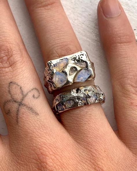 AOK on Instagram: "ETHEREAL RINGS ✨ Recycled silver with synthetic opal chips cast in place. I’ve had such a great day in the workshop, learning and experimenting with sand casting is my newest jewellery making obsession Very excited to see where it takes me!! These rings and lots more (watch this space) will be available in our next shop update xx" Ethereal Rings, Pearl Necklace With Gold, C Initial, Gold C, Sand Casting, Watch This Space, Synthetic Opal, Ring Stone, Recycled Silver