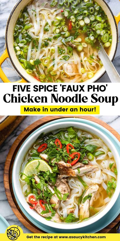 Learn how to make this easy pho recipe: Five-Spice Chicken & Vietnamese Noodle Soup! With the right shortcuts and ingredients, it will be ready in under an hour - just in time for dinner on busy weeknights! Healthy Asian Noodle Soup, Pho Soup Recipe Instant Pot, How To Make Chicken Pho, Easy Homemade Pho, Solyanka Soup Recipe, Clear Chicken Soup Recipes, Recipes That Use Vegetable Broth, Cambodian Pho Recipe, Crockpot Pho Recipe