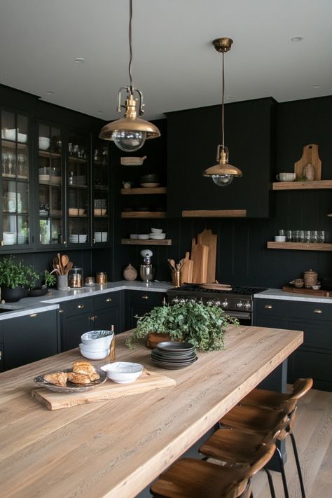 Modern kitchen with dark cabinets, wooden shelves, and a large wooden island topped with plants and pastries. Gray Farmhouse Kitchen, Grey Farmhouse Kitchen, Kitchen Examples, Trendy Lighting, Wooden Countertops, Gray Farmhouse, Glass Front Cabinets, White Shiplap, Rustic Farmhouse Kitchen