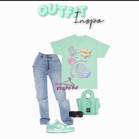 Dunk Outfit Inspo Women, Blue Graphic Tee Outfit Black Women, Mint Green Dunks Outfit, Mint Green Shoes Outfit Ideas, Green Dunk Outfit Ideas, Teal Dunks Outfit Ideas, Mint Dunks Outfit, Teal Outfit Ideas Black Women, Green Glow Dunks Outfit