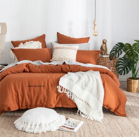 Stonewashed Cotton Duvet Cover - Duvet Cover With Buttons - Duvet Cover King Full Double Queen Twin Toddler, Cotton Cinnamon rust duvet Set Burnt Orange Bedroom, Bedding Boho, Orange Rooms, Fall Bedroom Decor, Orange Bedding, Bedroom Orange, King Size Duvet Covers, Fall Bedroom, King Size Duvet