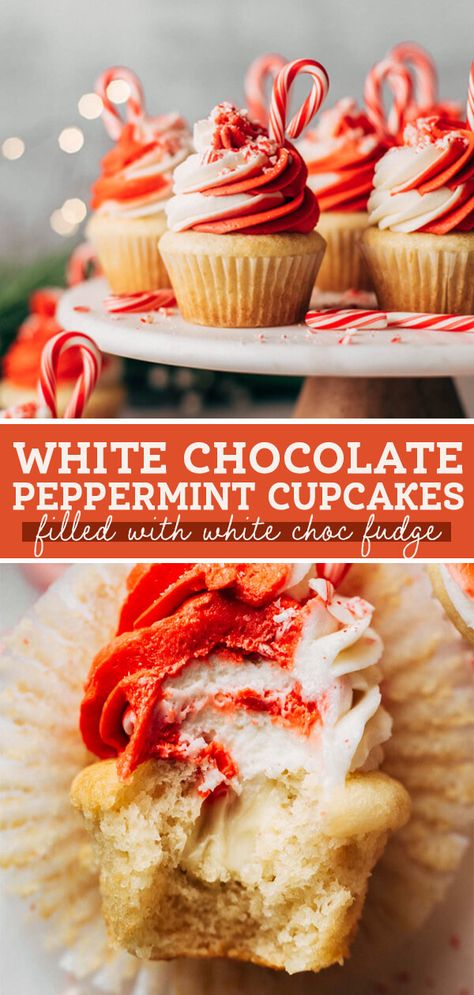 These white chocolate peppermint cupcakes are the perfect treat for the holidays! A moist vanilla peppermint cupcake is filled with white chocolate fudge and topped with a candy cane swirled frosting. #cupcakes #candycanes #christmas #whitechocolate #butternutbakery | butternutbakeryblog.com Christmas Bakery Desserts, White Chocolate Peppermint Cupcakes, Christmas Filled Cupcakes, Christmas Baking Competition Ideas, Cupcake Recipes Christmas, Christmas Flavor Cupcakes, Winter Cupcake Flavors, Christmas Cupcake Flavors, Seasonal Cupcakes