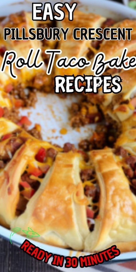 Easy Pillsbury Crescent Roll Taco Bake—a flavorful twist on a classic comfort food favorite. Imagine layers of seasoned ground beef, gooey melted cheese, and zesty taco toppings, all wrapped up in flaky Pillsbury crescent roll dough. Whether served as a quick weeknight meal or as Crescent Roll Taco Bake Recipe, Taco Wreath Crescent Rolls, Taco Crescent Roll Recipes, Beef Crescent Roll Recipes, Dinner Ideas With Crescent Rolls, Taco Ring With Crescent Rolls, Crescent Rolls Recipes, Crescent Roll Taco, Crescent Roll Taco Bake