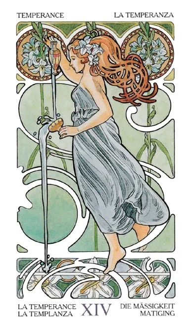 Temperance Tarot Card, Temperance Tarot, Tarot Tattoo, Tarot Major Arcana, Tarot Astrology, Tarot Cards Art, Tarot Card Meanings, Tarot Art, Alphonse Mucha