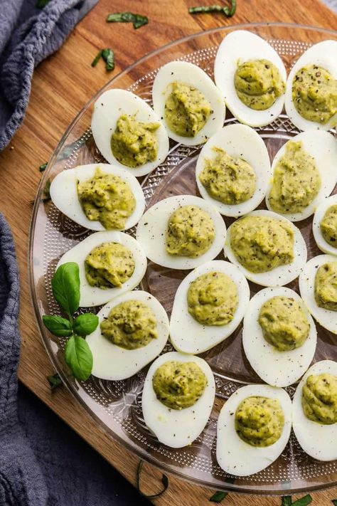 Pesto Deviled Eggs - The Stay At Home Chef Pesto Deviled Eggs, Recipes Using Pesto, Homemade Pesto Recipe, Pesto Potatoes, Twice Baked Sweet Potatoes, The Stay At Home Chef, Best Deviled Eggs, Fancy Appetizers, Stay At Home Chef