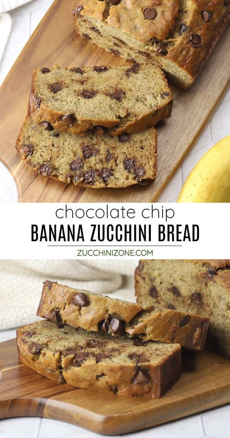 Chocolate chip banana zucchini bread recipe. Chocolate chip banana zucchini bread is a moist, tender zucchini bread filled with rich pockets of melty chocolate chips. The perfect way to use up leftover bananas and zucchini! #chocolatechip #bananazucchinibread #zucchinibread #recipe #zucchini