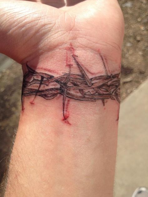 Crown of thorns bracelet Christian Tattoos Men, Unique Christian Tattoos, Arm Tattoos For Guys Forearm, Blood Tattoo, Thorn Tattoo, Biblical Tattoos, Bible Tattoos, Christ Tattoo, Rose Tattoos For Men