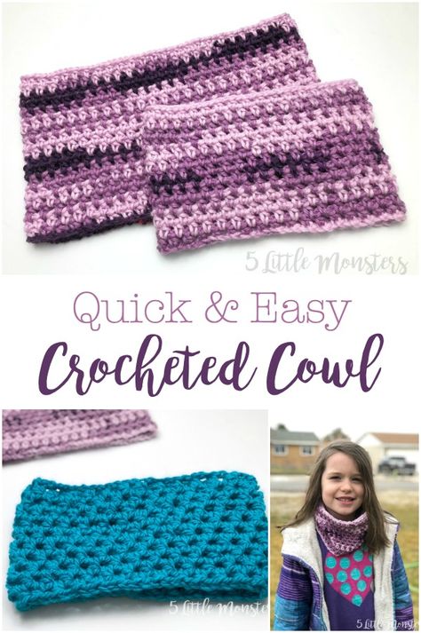 These quick and easy crocheted cowls can be made in no time at all and they make great stocking stuffers or gifts. They pattern is easy to adjust to make a cowl for any age or size and with any yarn. Great stash buster project. Winter Crochet Patterns, Crocheted Stocking, Crocheted Headbands, Crocheted Cowl, Crochet Scarf Patterns, Crochet Kids Scarf, Crochet Snood, Crochet Cowl Free Pattern, Crochet Neck Warmer