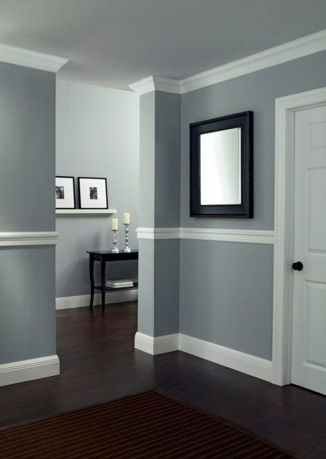 Molding Ideas, Grey Wall Color, Wainscoting Styles, Hallway Colours, Room Wall Colors, House Paint Interior, Gray Walls, Wood Molding, Home Design Living Room