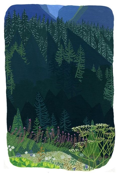 Glamping Illustration, Illustration Forest, Gouache Illustration, Environment Painting, Comics Illustration, Bg Design, Gouache Illustrations, Mountain Forest, Forest Illustration