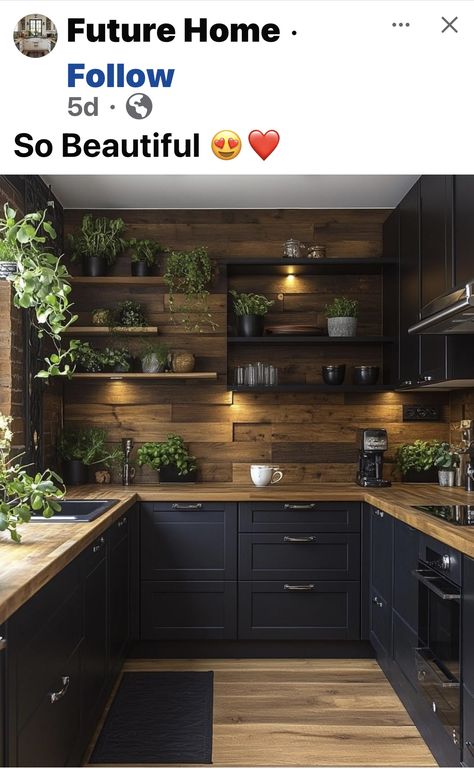 Black Kitchen With Plants, Black Tiny Kitchen, Dark Backsplash Ideas, Dark Floor Kitchen, Asian Kitchen Design, Black Home Interior, Black Kitchen Design, Black Appliances Kitchen, Butcher Block Kitchen