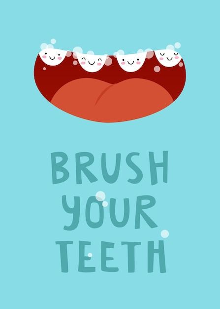 Vector dental care poster for kids with ... | Premium Vector #Freepik #vector #happy-teeth #tooth-cartoon #teeth-cartoon #baby-tooth Dental Care Poster, Dentistry Quotes, Cartoon Mouth, Cartoon Teeth, Pediatric Dentistry Posters, Cute Teeth, Dentistry Design, Cartoon Mouths, Tooth Cartoon