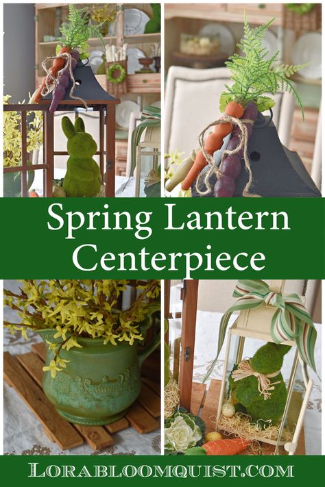 Moss bunnies, DIY spindle carrots and flowering branches create a pretty Spring centerpiece for Easter decorating. Decorating Lanterns Ideas For Spring, What To Put In Lanterns Decor, What To Put Inside Lanterns Decor, Decorating A Lantern Ideas, Decorated Lanterns Ideas For Spring, How To Decorate A Lantern For Everyday, How To Decorate Lanterns, Easter Lantern Ideas, Decorate Large Lanterns