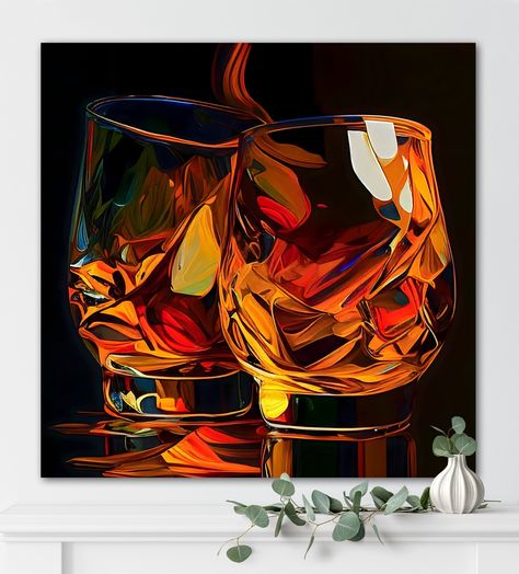 Whiskey Art, Glasses Art, Bar Cart Art, Home Decor Unique, Bar Art, Whiskey Glasses, Colorful Wall Art, Canvas Wall Decor, North Africa