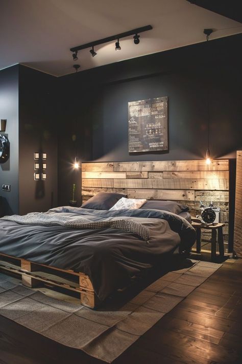 Men’s Room Ideas Grey, Dark Loft Bedroom, Cozy Industrial Bedroom, Industrial Bedroom Ideas, Trading Room, Industrial Bedroom Design, Sage Green Bedroom, Bedroom Design Inspiration, Wall Panels Bedroom