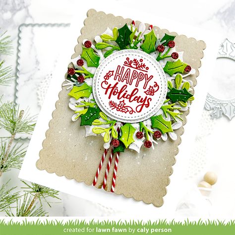 Lawn Fawn Magic Iris Holly Wreath, Lawn Fawn Magic Iris, Lawn Fawn Christmas, Fall Lawn, Lawn Fawn Blog, Flower Stamen, Holly Wreath, Lawn Fawn Cards, Wreath Frame