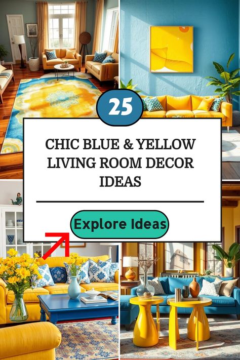 Vibrant living room with blue and yellow decor, featuring colorful furniture and artwork. Yellow Living Room Decor Ideas, Yellow And Blue Living Room, Blue Yellow Living Room, Yellow Living Room Decor, Blue And Yellow Living Room, Yellow Accent Chairs, Yellow Decor Living Room, Yellow Artwork, Blue Lounge