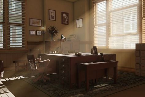 Forgotten Futures — Detectives Office Detective Office, Noir Detective, Detective Aesthetic, Private Eye, Detective Agency, Private Investigator, Police Station, Environment Concept Art, 인테리어 디자인