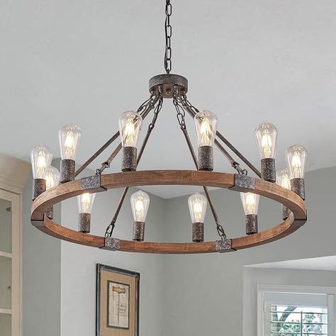 Rustic Chandelier Dining Room, Wagon Wheel Light, Entryway Light Fixtures, Light Fixtures Farmhouse, Modern Farmhouse Chandelier, Farmhouse Style Lighting, Rustic Light, Chandelier For Dining Room, Rustic Light Fixtures