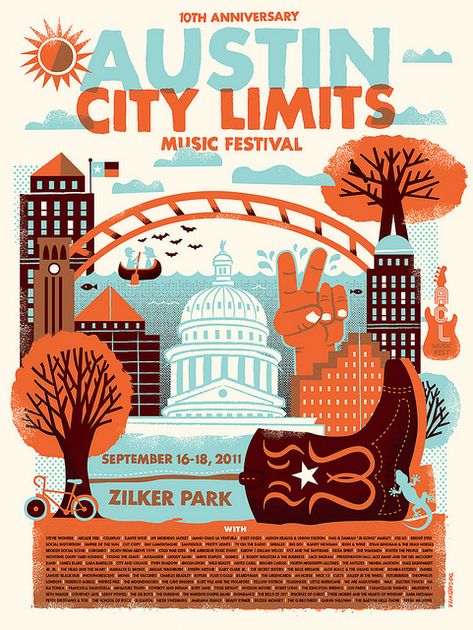 2011 Austin City Limits illustration by Tad Carpenter Tad Carpenter, Austin City Limits Festival, Animated Poster, Acl Music Festival, Festival Branding, Zilker Park, Festival Ideas, Poster Inspiration, Graphic Design Collection