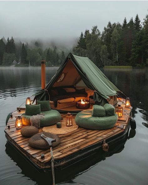 Glamping Cabin Interior, Camp Cabin, Cool Projects, Camping Inspiration, Body Of Water, Luxury Camping, Floating House, Camping Glamping, Houseboat