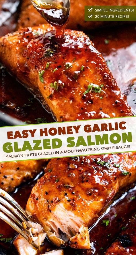 HONEY GARLIC SALMON - Succulent and tender salmon filets cooked in a mouthwatering simple honey garlic sauce, then broiled until sticky and caramelized.  Made with simple ingredients, in one pan, and in just 20 minutes! #salmon #honeygarlic #onepan #easyrecipe #dinner #seafood #fish Whole Salmon Recipe, Honey Garlic Glazed Salmon, Salmon Filet Recipe, Salmon On The Stove, Honey Salmon Recipes, Honey Baked Salmon, Honey Glazed Salmon Recipe, Salmon Recipes Oven, Oven Salmon