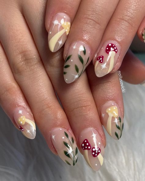 nails done✅, heart happy✅, what more could you possibly want?🍄 . . . #nails #nailusa #nailart #naildesign #nailsofInstagram #naildesigns #nailsoftheday #naildesignsideas #acrylic #acrylicnails #raleigh #durham #raleighnails #trend #trendynails #winternails #springnails Cottage Core Nail Designs, Witchy Nails Aesthetic, Woodland Theme Nails, Mushrooms Nail Art, Woodland Nails Designs, Nail Designs Mushroom, Toadstool Nails, Woodland Nails, Cottage Core Nails