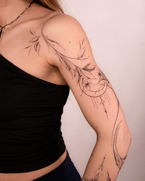 Tattoo Arm Sleeves For Women, Vine Arm Sleeve, Symmetrical Shoulder Tattoos For Women, Flowy Arm Tattoo, Oncology Tattoo, Whimsical Shoulder Tattoo, Arm And Shoulder Tattoo, Fine Line Thigh Tattoos Women, Shoulder Wrap Tattoo