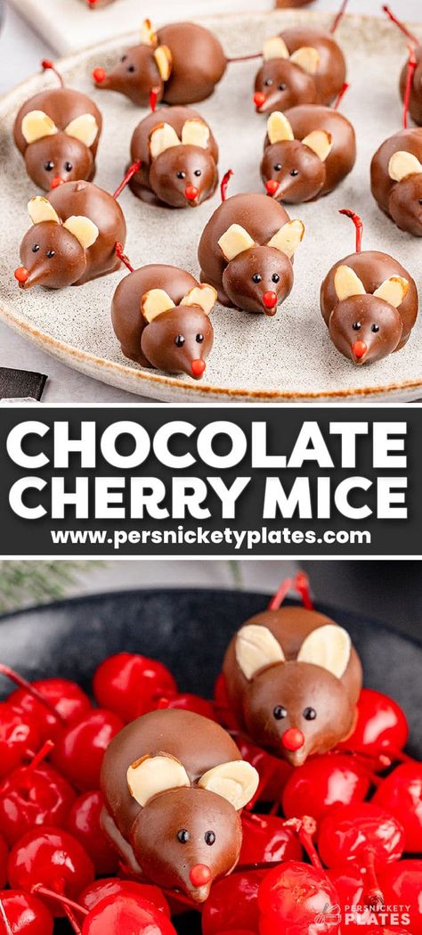 Cherry Mice, Jello Ideas, Mouse Recipes, Chocolate Cherries, Themed Snacks, Chocolate Covered Cherry, Chocolate Melting Wafers, Christmas Mice, Liturgical Year