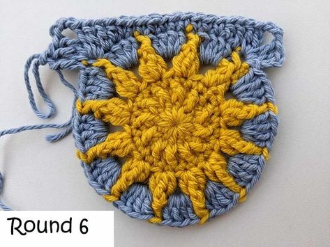 Circle In A Square Crochet, Sunset Granny Square, Crochet Sun Motif, Cloud Granny Square Pattern Free, Half Sunburst Granny Square, Circle To Square Crochet, Spiral Sun Granny Square, Sun Burst Granny Square Free Pattern, Sunburst Crochet Granny Square