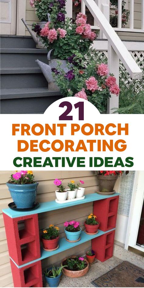 Elevate the charm of your home's exterior with these delightful front porch decor inspirations to greet visitors with flair. Transform your porch into a cozy retreat by incorporating a swing or lounge chairs paired with colorful throw pillows and festive wreaths. Infuse character into your entryway using decor that merges comfort, elegance, and warmth. Turn your home's doorstep into an inviting sanctuary for everyone to relish. Porch Plants Ideas, Narrow Porch Decorating Ideas, Easy Diy Front Porch, Modern Mailbox Diy, Small Front Porch Decorating Ideas, Porch Seating, Diy Stairs Makeover, Best Bathroom Plants, Recycled Planters