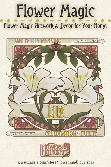 Beautiful vintage-style floral artwork of the classic white lily and its meanings of celebration and purity. Invite positive energies to your magic aesthetic home with these Art Nouveau-style posters, wall art, and more. A charming design for your cottagecore, boho, or witchy aesthetic home. Available on my Zazzle store. Choose an electronic download to be printed at your convenience, or customize this artwork on another of Zazzle's many products. #flowers&flourishes #ZazzleMade Fairy Tale Aesthetic, Lily Meaning, Yellow Lilies, White Lily Flower, Art With Meaning, The Language Of Flowers, Witchy Home Decor, Magical Home, Vintage Style Art