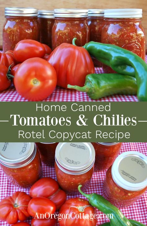 A true Rotel copycat recipe that uses only what's on the can's ingredient list (no sugar or other additives). Choose a safe canning method or freezing to preserve this to use all year long in recipes like dips, salsas, and more. #rotel #tomatoes #preserving Chopped Tomatoes Canned, Canning Rotel Style Tomatoes, Rotel Canned Tomatoes, Diy Rotel Canning, Copycat Rotel For Canning, Canned Rotel Recipe, Canning And Freezing, Rotelle Recipes, Tomatoe Canning Recipe