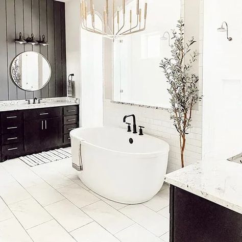 DAL_OurFauxFarmhouse_Finished_angle_11web Daltile Bathroom, White Bathrooms, Bad Inspiration, Bathroom Goals, White Bath, Bathroom Redo, Bathroom Layout, Bathroom Renos, Farmhouse Homes