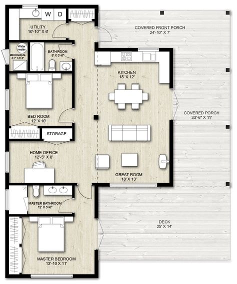 Truoba 115 Modern House Plan | Truoba Plan 924-2 Modern Kitchen Counter Decor, Modern Kitchen Counter, Cabin Style House, Room Layout Design, Cottage Floor Plans, Roof Construction, Tiny House Floor Plans, Kitchen Counter Decor, Floor Plan Layout