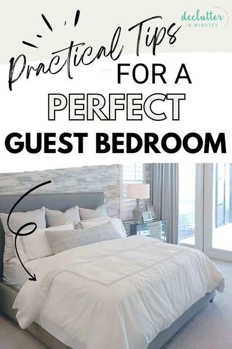 Looking for ideas to create a cozy guest bedroom set up? This blog post from Declutter In Minutes is full of tips and ideas to help you create a welcoming guest bedroom. If you are looking for guest room ideas then this is the blog post for you. Get inspired by all of this guest bedroom inspiration. It's easy to make a guest room that's cozy and inviting for all seasons! Learn all about how to set up a cozy guest room now! guest bedroom inspiration | guest bedroom set up Guest Room Above Bed Decor, Florida Guest Room Ideas, Best Guest Beds, Downstairs Guest Bedroom, Guest Room With Carpet, Airy Guest Bedroom, Guest Bedroom Ideas On A Budget Simple, Guest Bedroom Ideas Queen Bed, Light Guest Bedroom