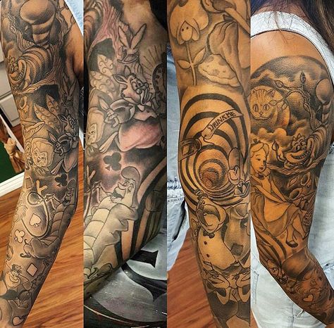 Alice in wonderland sleeve tattoo Alice In Wonderland Sleeve Tattoo, Alice In Wonderland Sleeve, Alice In Wonderland Tattoo Sleeve, Black Sleeve Tattoo, Alice In Wonderland Tattoo, Alice And Wonderland Tattoos, Disney Sleeve, Full Sleeve Tattoo Design, Wonderland Tattoo