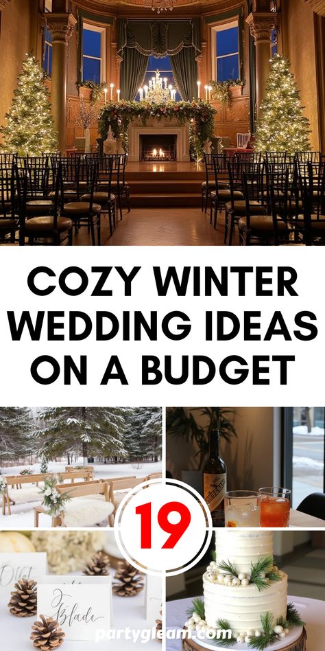 Explore 19 cozy winter wedding ideas on a budget featuring cake embellishments, simple ideas for cocktail hour, and creative use of holiday decor. This pin includes 5 images with inspiring concepts perfect for any couple planning their special day in chilly season. Outdoor December Wedding Ideas, December Wedding Not Christmas, Indoor Winter Wedding Ideas, Winter Christmas Wedding Ideas, Winter Weddings Wedding Ceremony Decor, Christmas Wedding On A Budget, Boho Winter Wedding Decor, Winter Weddings Outside, Winter Wedding Fireplace Decor