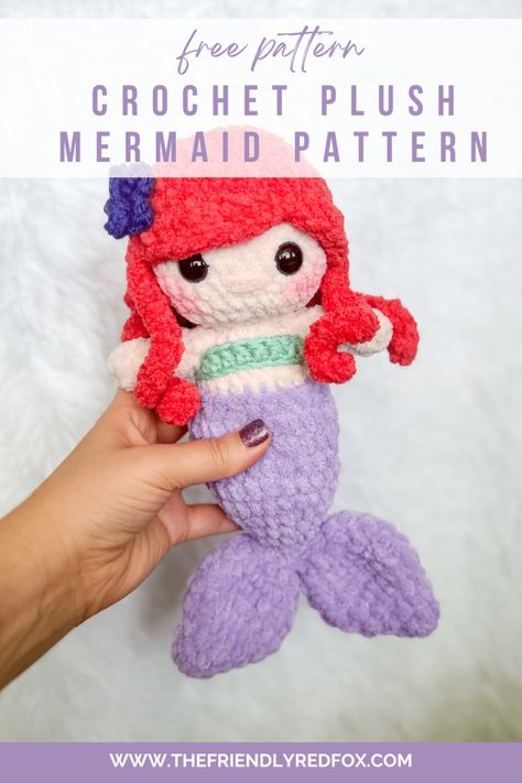 This free plush mermaid crochet pattern amigurumi pattern makes a squishy plush pal! This works up quickly with plush yarn. Ariel Crochet Pattern Free, Crochet Axolotl Pattern Free Easy, Crochet Easy Projects Quick, Crochet Bunny Lovey Free Pattern, Crochet Squishy Pattern Free, Free Mermaid Crochet Pattern, Mermaid Amigurumi Free Pattern, Crochet Dragon Pattern Free, Amigurumi Corgi