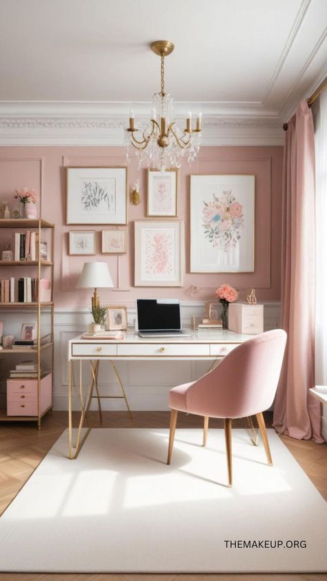 Pink Chic Home Office Ideas: Stylish and Functional Pink Home Office, Pink Office Decor, Feminine Office, Feminine Home Offices, Office Decor Ideas, زجاج ملون, Cozy Home Office, Pink Office, Office Room Decor