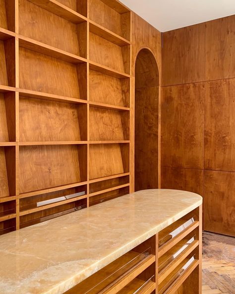 Front kiosk of the renovated @shreejinews store on Chiltern Street in stained plywood and honey onyx. All masterfully assembled and… | Instagram Lobby Table, Stained Plywood, Sheila Hicks, Kitchen Finishes, Aime Leon Dore, Brand Creation, October 7, Kiosk, Modernism