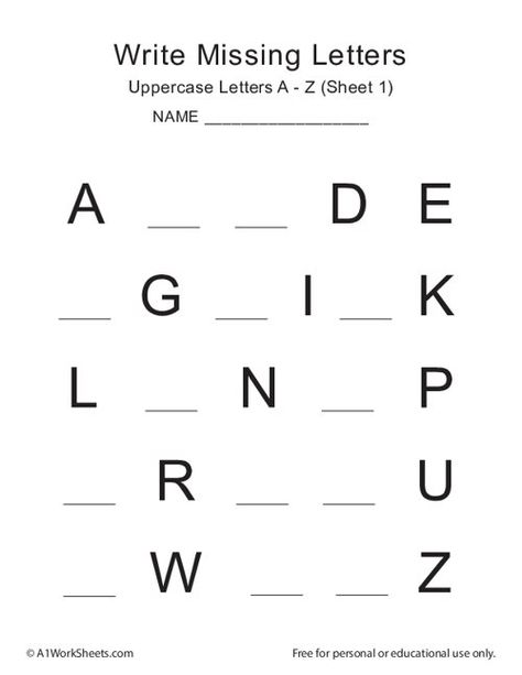 Write Missing Letters (A-Z) Worksheets for Kindergarten Write Missing Alphabet Worksheet, Letters Revision Worksheets, A To Z Worksheet Kindergarten, Alphabet Revision Worksheets, Missing Letters Worksheet Free Printable, Literacy Worksheets For Kindergarten, A-z Worksheet, English Worksheet For Nursery Class, Preschool Writing Worksheets