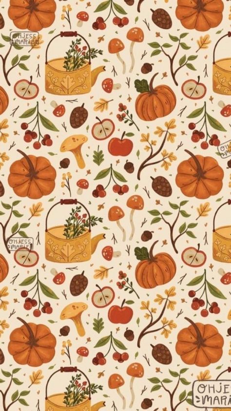 Wallpapers For Autumn, Fall Lockscreen Iphone, Fall Cottagecore Aesthetic, Autumn Apples, Autumn Prints, Autumn Elements, Autumn Wallpapers, Pumpkin Fabric, Autumn Phone Wallpaper