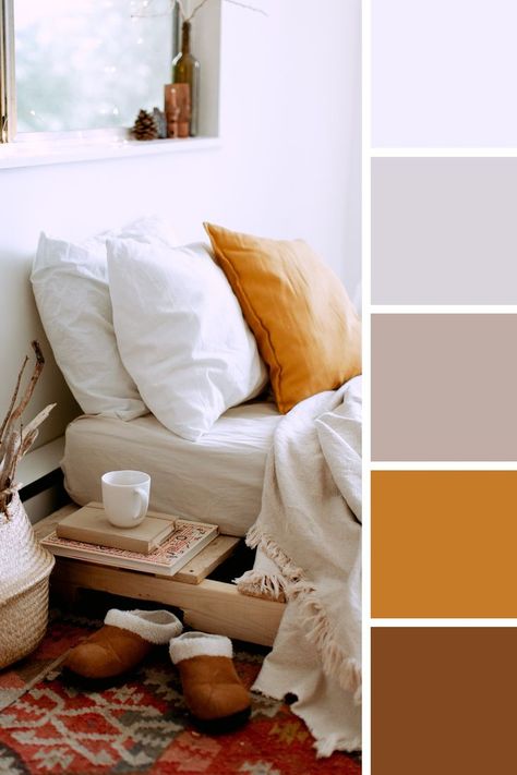 Beige Color Combinations Bedroom, Orange Yellow Bedroom, Linen Bedding White, Bright Bedroom Colors, Mood Bedroom, Bedroom Color Palette, Deco 2023, Peach Bedroom, European Bedroom