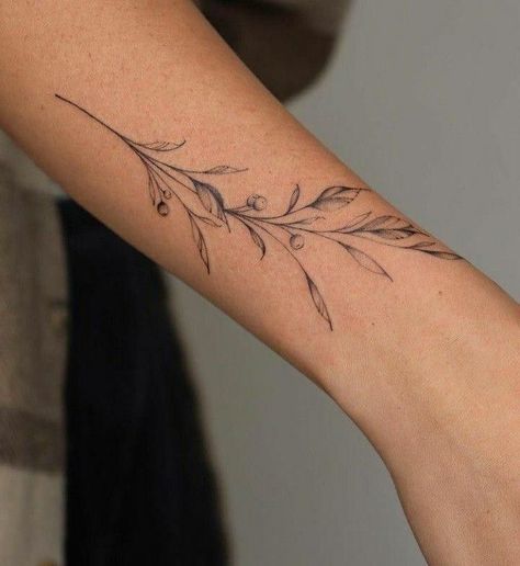 Olive Branch Tattoo With Flowers, Feminine Olive Branch Tattoo, Leafy Branch Tattoo, Olive Branch Tattoo Arm Wrap Simple, Olive Branch Tattoo With Words, Olive Branch Elbow Tattoo, Olive Fine Line Tattoo, Delicate Olive Branch Tattoo Simple, Olive Branch Back Tattoo