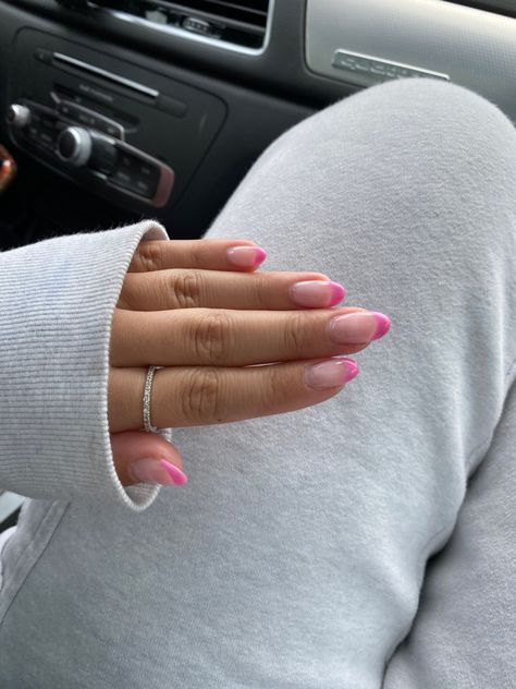 Pink Based French Nails, Bright Pink French Tip Nails Almond, Pink French Tips Almond, French Tips Almond Shape, Hot Pink French Nails, Light Pink French Tip Nails, Pink French Tip Nails Almond, Hot Pink French Tips, French Tips Almond