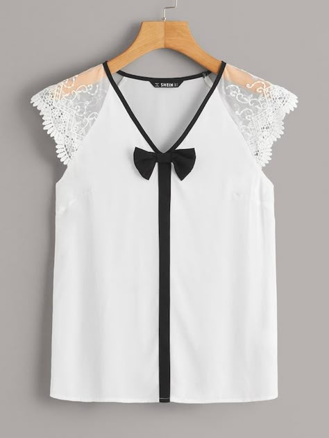 Embroidered Mesh Raglan Sleeve Bow Detail Top | SHEIN Woman Clothes, Fashion Tops Blouse, Outfit Trends, Ladies Tops Fashion, Holiday Wreaths, Blouse Styles, Bow Detail, Fashion Tops, Chiffon Dress